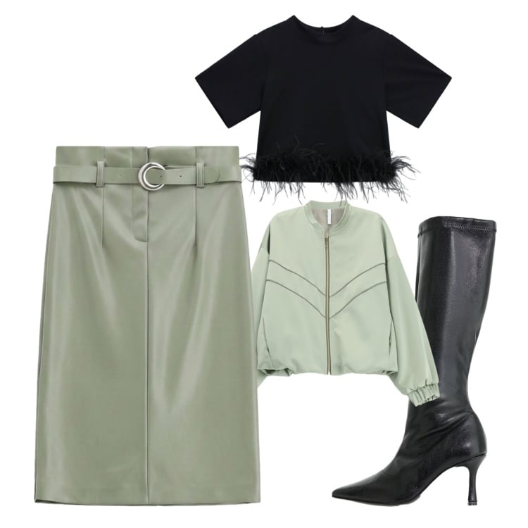 Outfit donna - Attitudine metropolitana. Stile Trendy per Serata fuori. Abbinamento con t-shirt, stivali, bomber, gonne longuette.