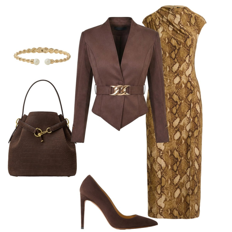Outfit donna - Femminilità autorevole. Stile Chic per Ufficio. Abbinamento con blazer, borse a secchiello, décolleté, vestiti midi/longuette, braccialetti.