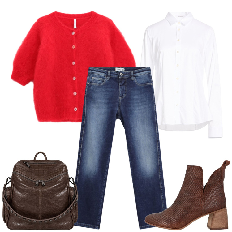 Outfit donna - Total look #2476347. Stile Casual chic per Tutti i giorni. Abbinamento con camicie, stivaletti, cardigans, jeans dritti, zaini.