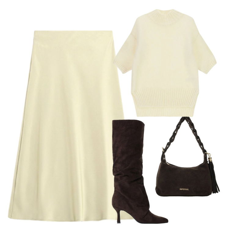 Outfit donna - Fall/winter imperial. Stile Trendy per Ufficio. Abbinamento con gonne longuette, borse a spalla, stivali, maglieria.