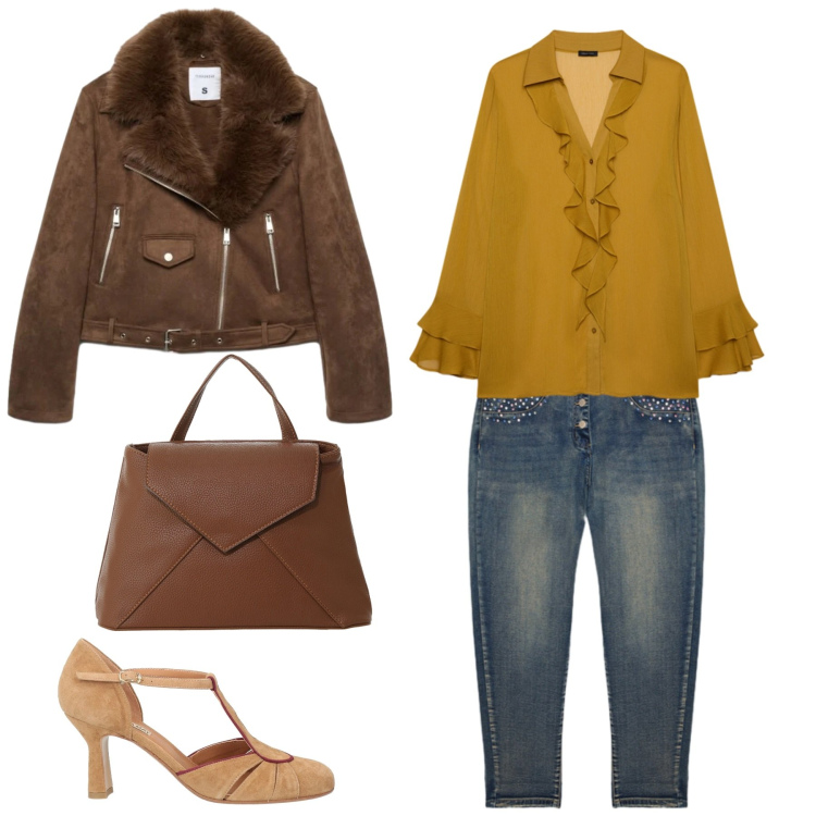 Outfit donna - Ufficio. Stile Casual per Tutti i giorni. Abbinamento con décolleté, giacche, borse a mano, jeans, bluse.