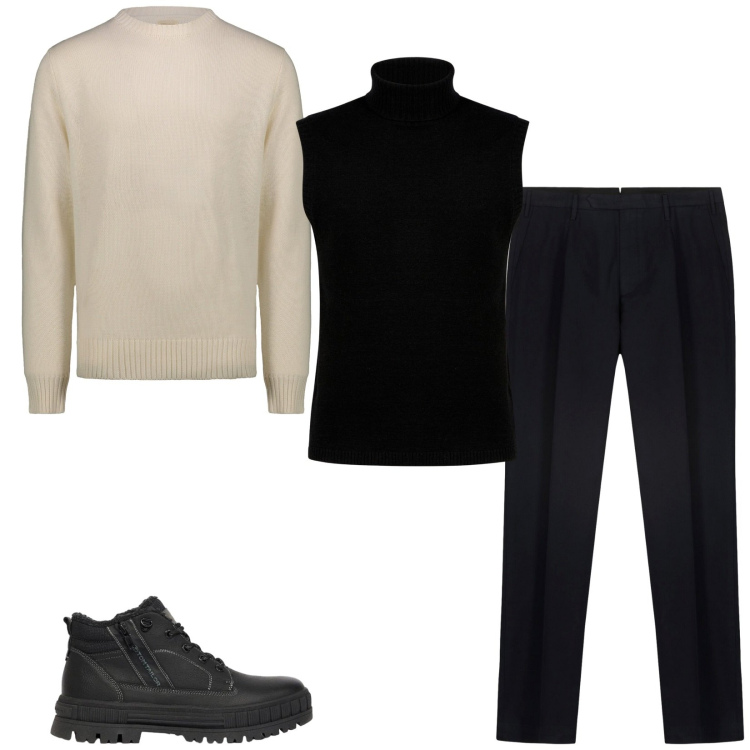Outfit uomo - Total look #2476363. Stile Trendy per Serata speciale. Abbinamento con pantaloni, maglieria, gilet, stivali e stivaletti.