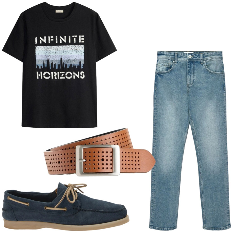 Outfit uomo - Total look #2476366. Stile Trendy per Tutti i giorni. Abbinamento con scarpe stringate, jeans dritti, t-shirt, cinture.