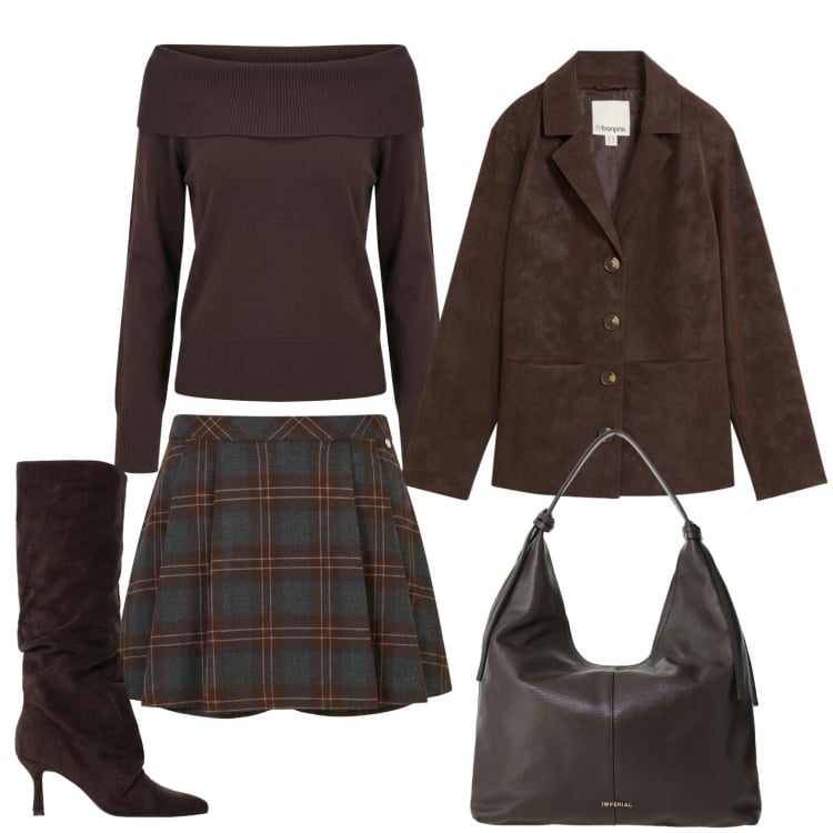 Outfit donna - Mini tartan e blazer in camoscio. Stile Glamour per Serata fuori. Abbinamento con blazer, stivali, borse a spalla, minigonne, maglieria.