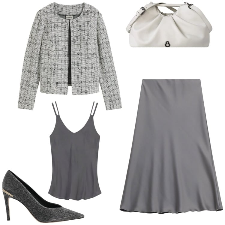 Outfit donna - Raffinata in grigio. Stile Chic per Ufficio. Abbinamento con décolleté, cardigans, gonne longuette, top, clutch.