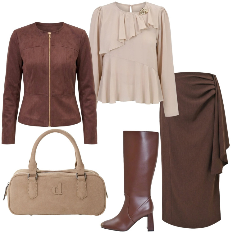 Outfit donna - Serata fuori con la gonna pareo. Stile Chic per Ufficio. Abbinamento con borse a mano, gonne longuette, stivali sopra il ginocchio, bluse, blazer.