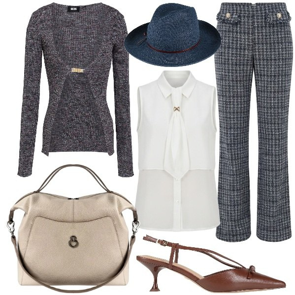 Outfit donna - Autunno chic. Stile Casual chic per Tutti i giorni. Abbinamento con cappelli, décolleté, pullovers, pantaloni, camicie a manica corta, borse a mano.