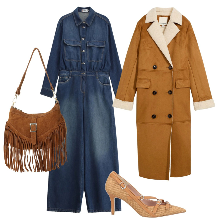 Outfit donna - Ecomontone e frange. Stile Trendy per Ufficio. Abbinamento con décolleté, cappotti, borse a spalla, tute.