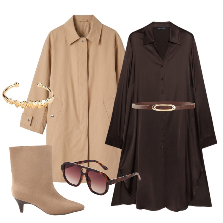 Outfit donna - Settembre. Stile Casual chic per Tutti i giorni. Abbinamento con braccialetti, cinture, occhiali da sole, stivaletti, trench, vestiti chemisier.