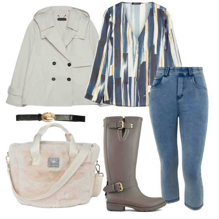 Outfit donna - Settembre. Stile Casual per Tutti i giorni. Abbinamento con jeans skinny, borse tote, trench, bluse, cinture, stivali.
