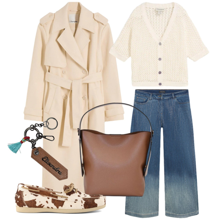 Outfit donna - Settembre. Stile Casual chic per Tutti i giorni. Abbinamento con trench, cardigans, borse a mano, jeans, portachiavi, mocassini.