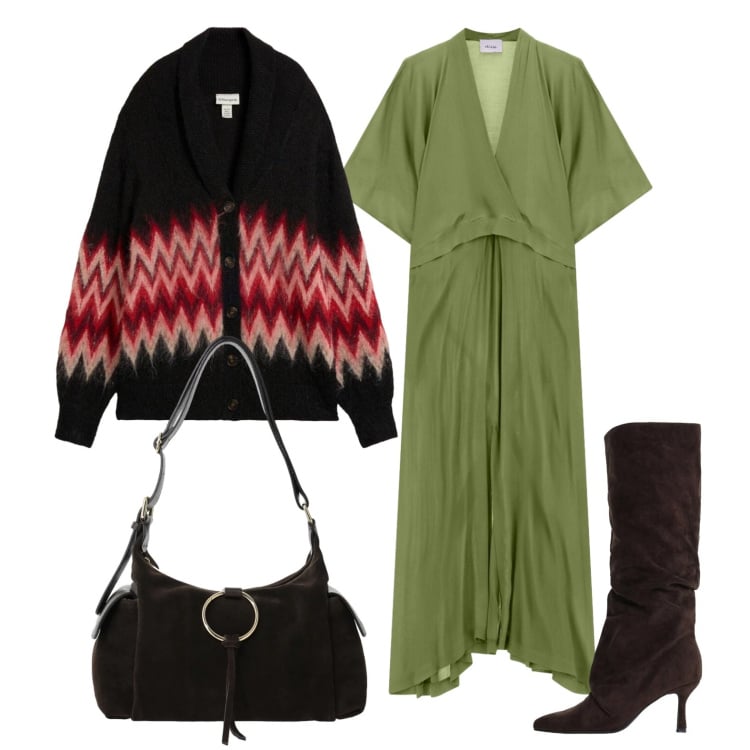 Outfit donna - Cardigan avvolgente sull\'abito fluido. Stile Trendy per Ufficio. Abbinamento con cardigans, borse a spalla, stivali, vestiti lunghi.