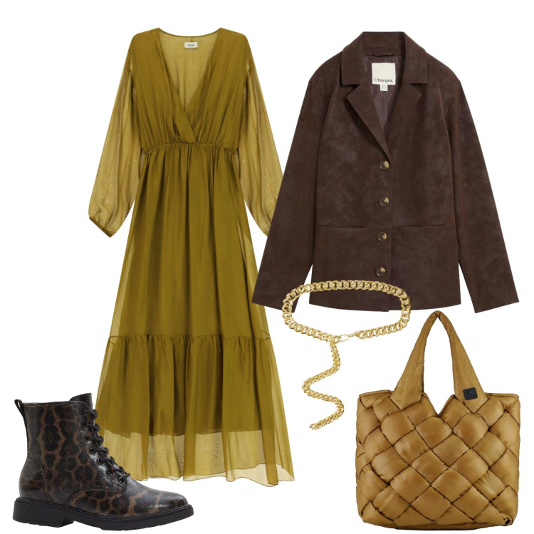 Outfit donna - Abito etereo e stivaletti sportivi. Stile Trendy per Tutti i giorni. Abbinamento con stivaletti, blazer, vestiti lunghi, borse tote, cinture.