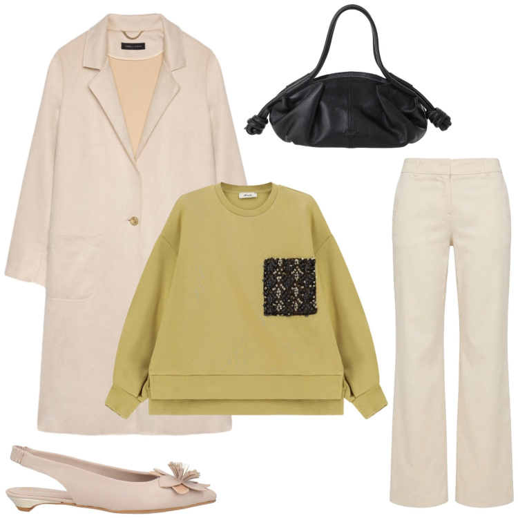 Outfit donna - Total look #2476403. Stile Casual chic per Tutti i giorni. Abbinamento con ballerine, pantaloni, borse a mano, felpe, cappotti.