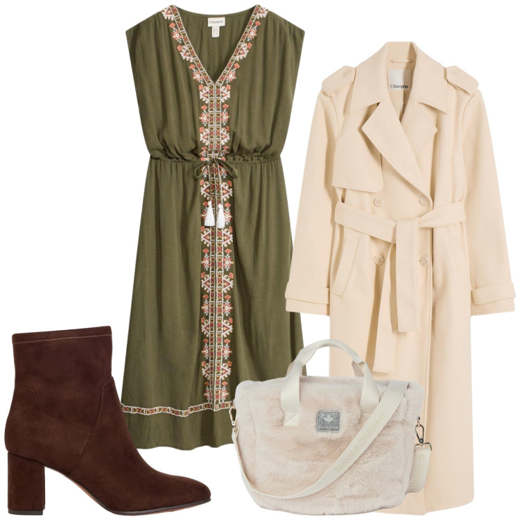 Outfit donna - Total look #2476409. Stile Casual chic per Tutti i giorni. Abbinamento con trench, vestiti midi/longuette, stivaletti, borse tote.