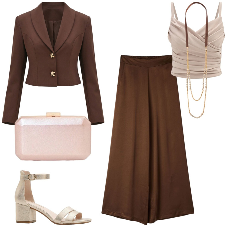 Outfit donna - Total look #2476412. Stile Chic per Cerimonia. Abbinamento con sandali col tacco, pantaloni, blazer, canottiere, clutch, collane.