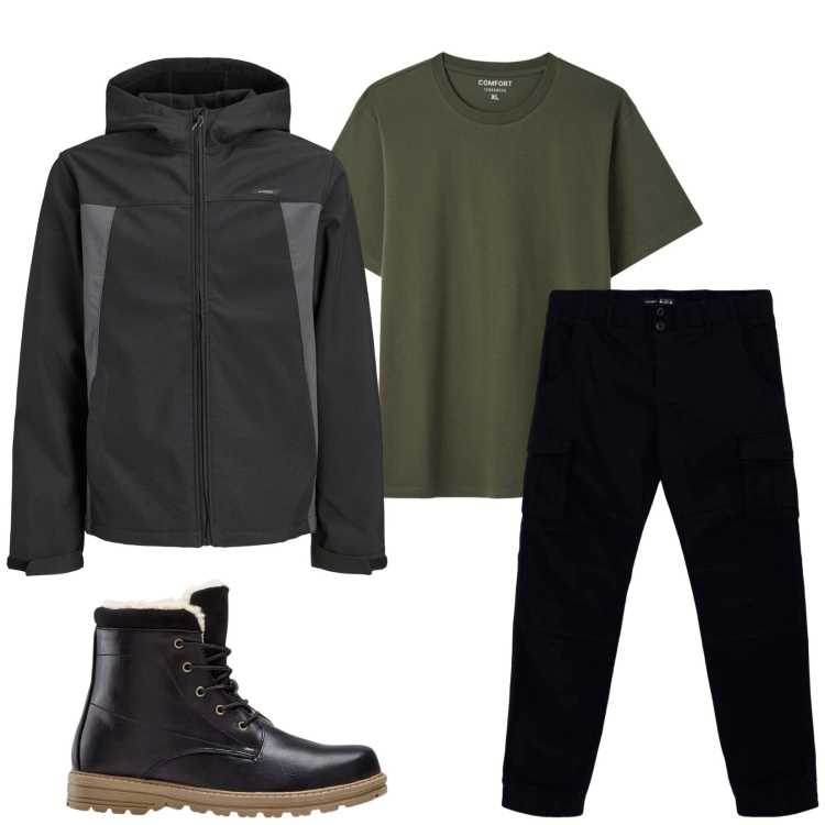 Outfit uomo - Total look #2476416. Stile Casual per Tutti i giorni. Abbinamento con pantaloni cargo, t-shirt, stivali e stivaletti, giacche.