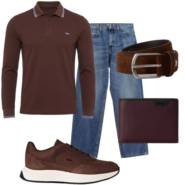 Outfit uomo - Brown e jeans. Stile Trendy per Tutti i giorni. Abbinamento con cinture, sneakers, polo, portafogli, jeans.