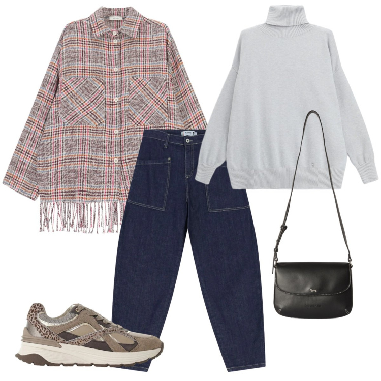 Outfit donna - La camicia tartan per i primi freddi. Stile Casual per Tutti i giorni. Abbinamento con borse a tracolla, sneakers, camicie, jeans, pullovers.