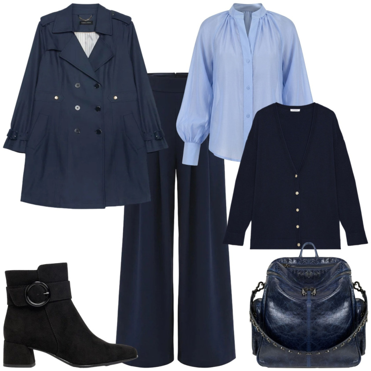 Outfit donna - Casual chic ufficio tempo libero. Stile Casual chic per Tutti i giorni. Abbinamento con stivaletti, camicie, pantaloni a palazzo, trench, cardigans, zaini.