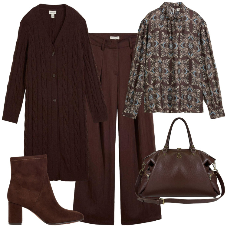 Outfit donna - Casual chic autunno in ufficio. Stile Casual chic per Ufficio. Abbinamento con pantaloni, tuniche, stivaletti, cardigans, borse a spalla.