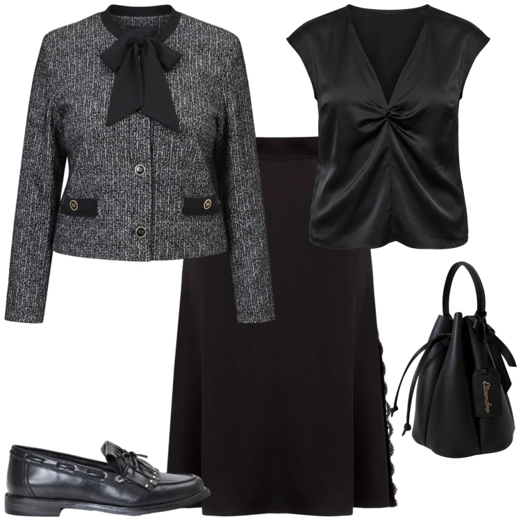 Outfit donna - Chic ufficio in autunno. Stile Chic per Ufficio. Abbinamento con borse a secchiello, gonne longuette, blazer, canottiere, mocassini.