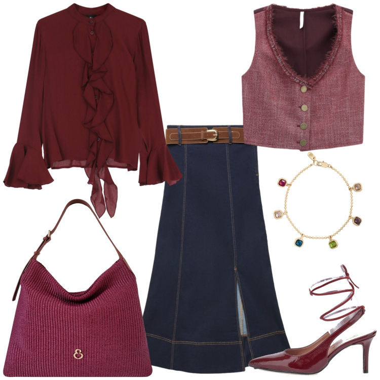 Outfit donna - Iconic business woman casual chic. Stile Casual chic per Ufficio. Abbinamento con gonne lunghe, gilet, camicie, borse a spalla, braccialetti, décolleté.