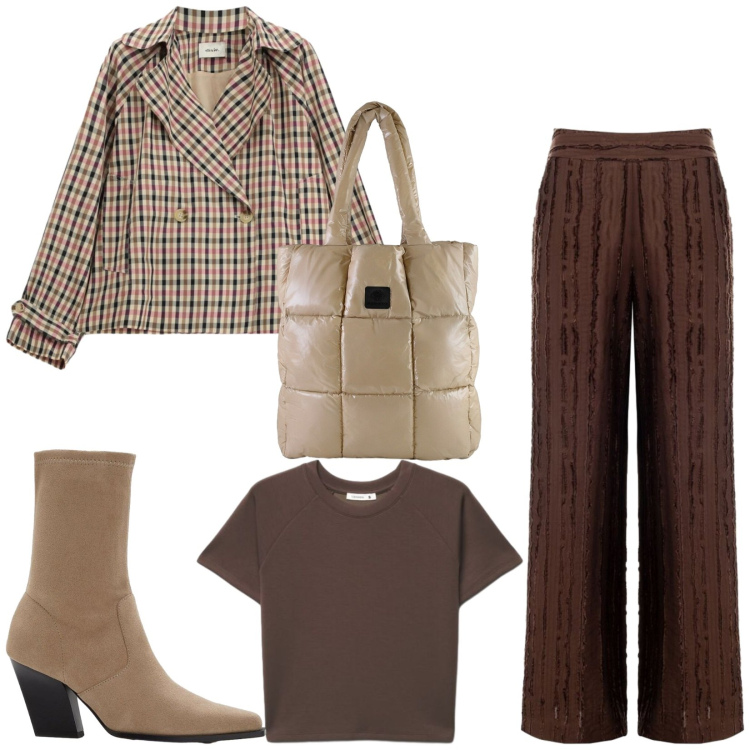 Outfit donna - Total look #2476483. Stile Casual chic per Ufficio. Abbinamento con stivaletti, t-shirt, cappotti, pantaloni a palazzo, shopping bag.