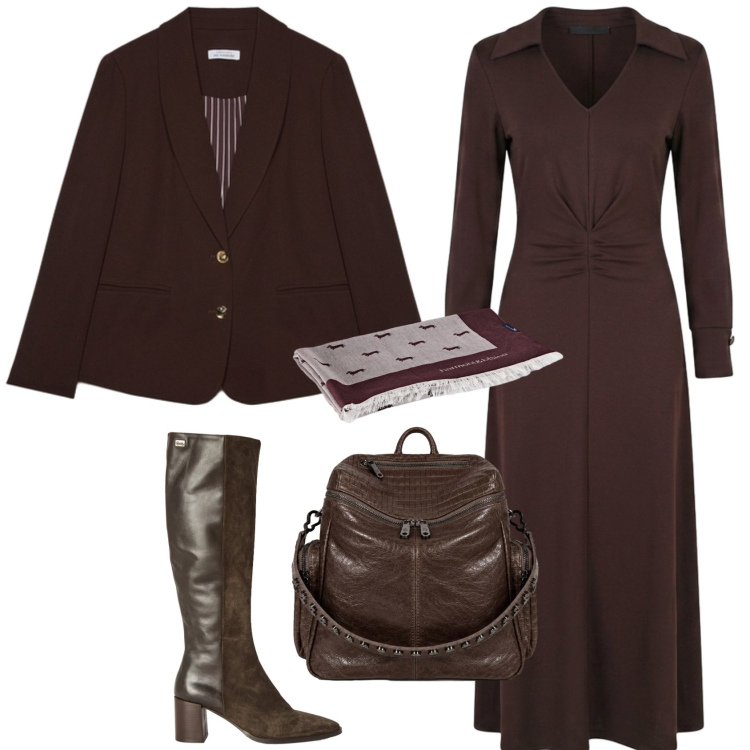 Outfit donna - Casual chic ufficio tempo libero. Stile Casual chic per Ufficio. Abbinamento con stivali, sciarpe, vestiti midi/longuette, blazer, zaini.