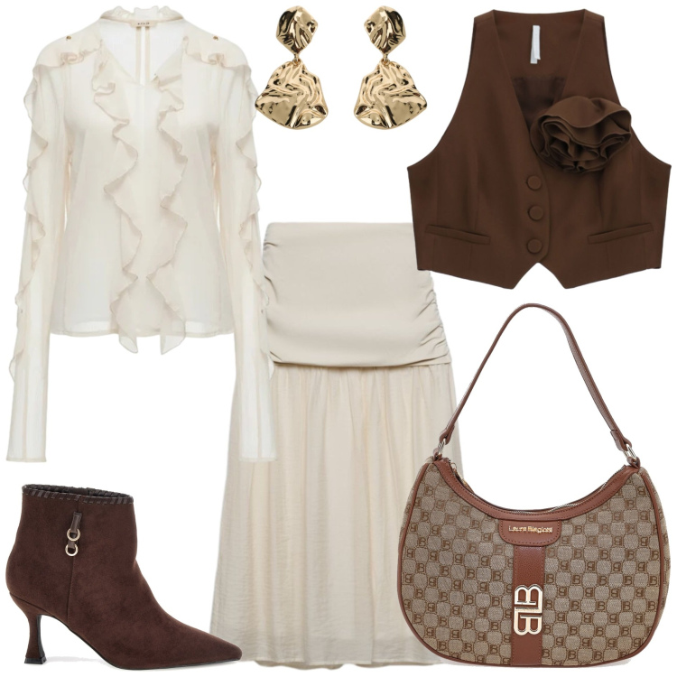 Outfit donna - Iconic business woman - forme morbide. Stile Trendy per Ufficio. Abbinamento con gonne longuette, gilet, orecchini, bluse, borse a spalla, stivaletti.