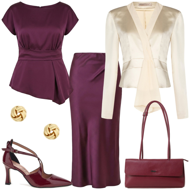 Outfit donna - Iconic business woman - Chic. Stile Chic per Ufficio. Abbinamento con borse a spalla, bluse, gonne longuette, blazer, orecchini, décolleté.