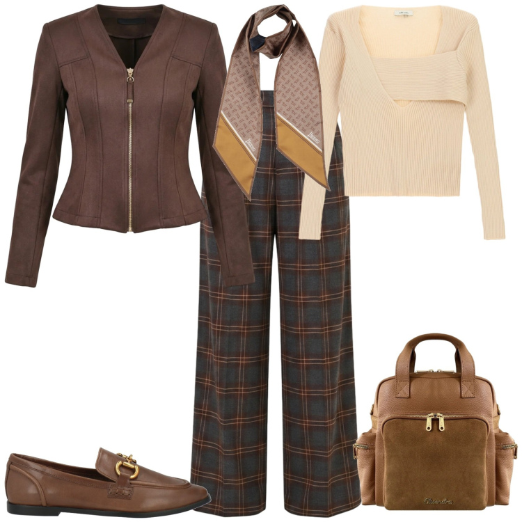 Outfit donna - Casual chic ufficio tempo libero. Stile Casual chic per Ufficio. Abbinamento con sciarpe, mocassini, t-shirt, blazer, pantaloni a palazzo, zaini.