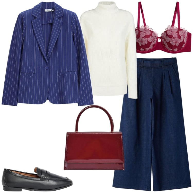 Outfit donna - Blazer blu cobalto e jeans. Stile Casual chic per Ufficio. Abbinamento con mocassini, reggiseni a balconcino, maglieria, jeans, borse a mano, blazer.