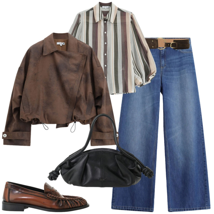 Outfit donna - Pease FW 2026. Stile Casual chic per Tutti i giorni. Abbinamento con mocassini, camicie, bomber, jeans, borse a mano, cinture.