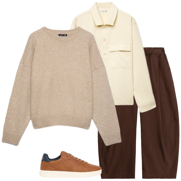 Outfit uomo - Neutro e terracotta. Stile Trendy per Tutti i giorni. Abbinamento con pantaloni, camicie, maglieria, sneakers.