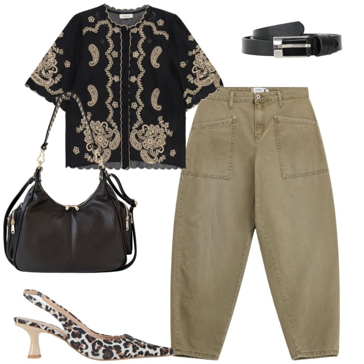 Outfit donna - Settembre. Stile Casual chic per Tutti i giorni. Abbinamento con décolleté, pantaloni, cinture, camicie a manica corta, borse a spalla.