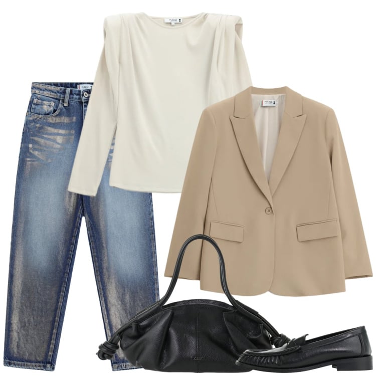Outfit donna - Spalle importanti. Stile Trendy per Scuola/Università. Abbinamento con mocassini, borse a mano, blazer, jeans, t-shirt.