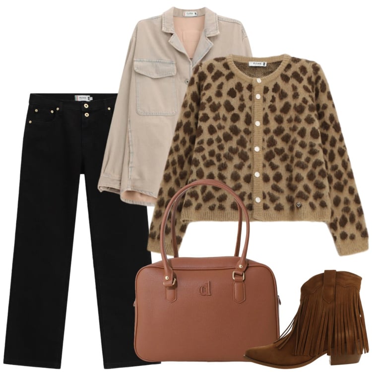 Outfit donna - Selvaggia. Stile Trendy per Ufficio. Abbinamento con stivaletti texani, cardigans, pantaloni, camicie, borse a mano.