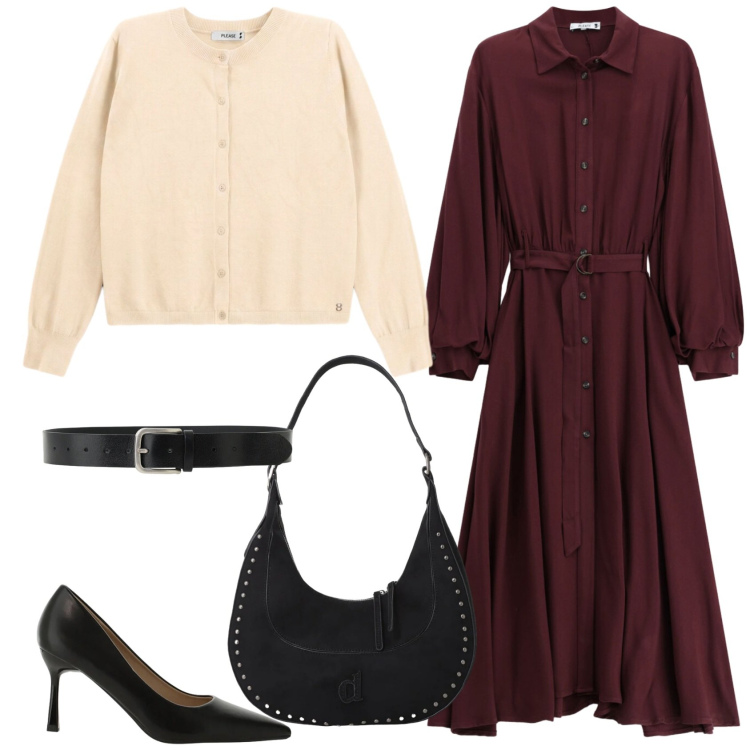 Outfit donna - Una sera a cena. Stile Casual chic per Serata fuori. Abbinamento con décolleté, vestiti chemisier, cardigans, borse a spalla, cinture.