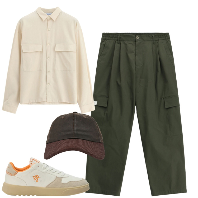 Outfit uomo - City. Stile Casual per Tutti i giorni. Abbinamento con sneakers, pantaloni cargo, camicie, cappelli con visiera.
