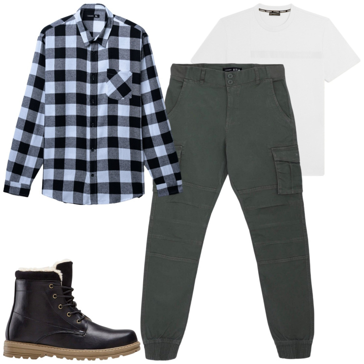 Outfit uomo - Settembre. Stile Casual per Tutti i giorni. Abbinamento con t-shirt, pantaloni cargo, camicie, stivali e stivaletti.