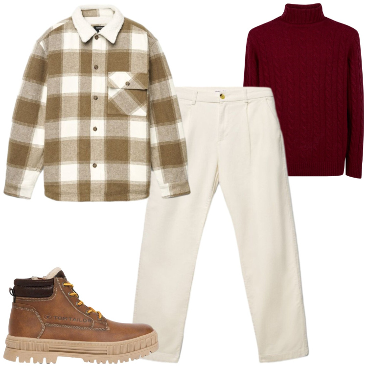 Outfit uomo - La camicia imbottita. Stile Casual per Tutti i giorni. Abbinamento con maglieria, cappotti, pantaloni chino, stivali e stivaletti.