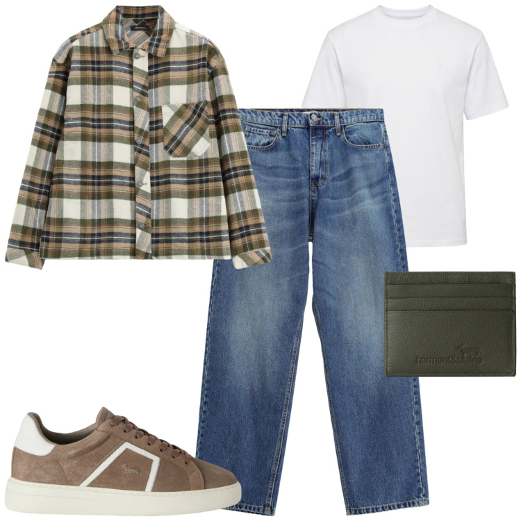 Outfit uomo - Fall. Stile Casual per Tutti i giorni. Abbinamento con sneakers, portafogli, t-shirt, jeans, camicie.