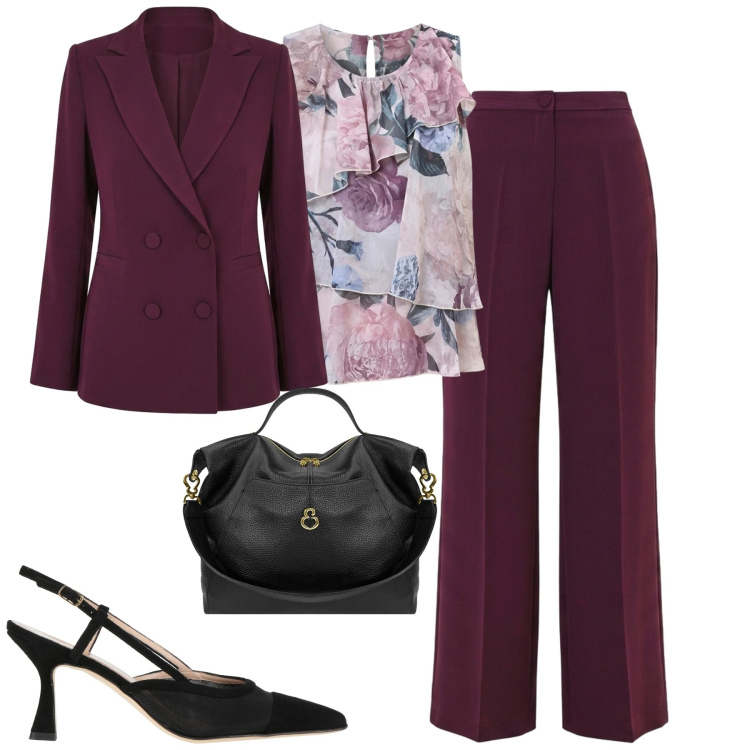 Outfit donna - Laurea ad ottobre. Stile Chic per Cerimonia. Abbinamento con décolleté, pantaloni a palazzo, blazer, top, borse a spalla.