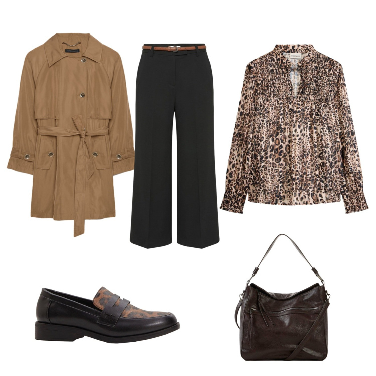 Outfit donna - Trench+animalier. Stile Sexy per Tutti i giorni. Abbinamento con bluse, mocassini, shopping bag, pantaloni, trench.