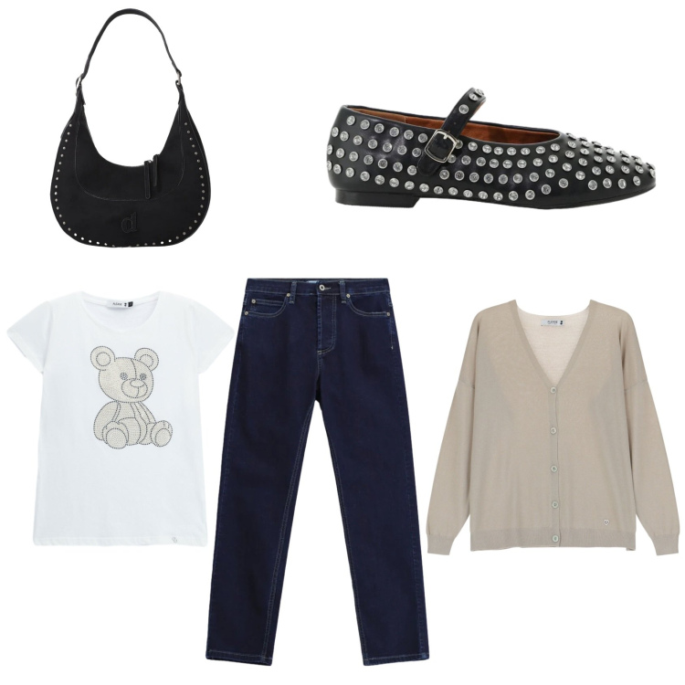 Outfit donna - Orsetto del cuore. Stile Casual chic per Tutti i giorni. Abbinamento con borse a spalla, ballerine, jeans slim fit, cardigans, t-shirt.