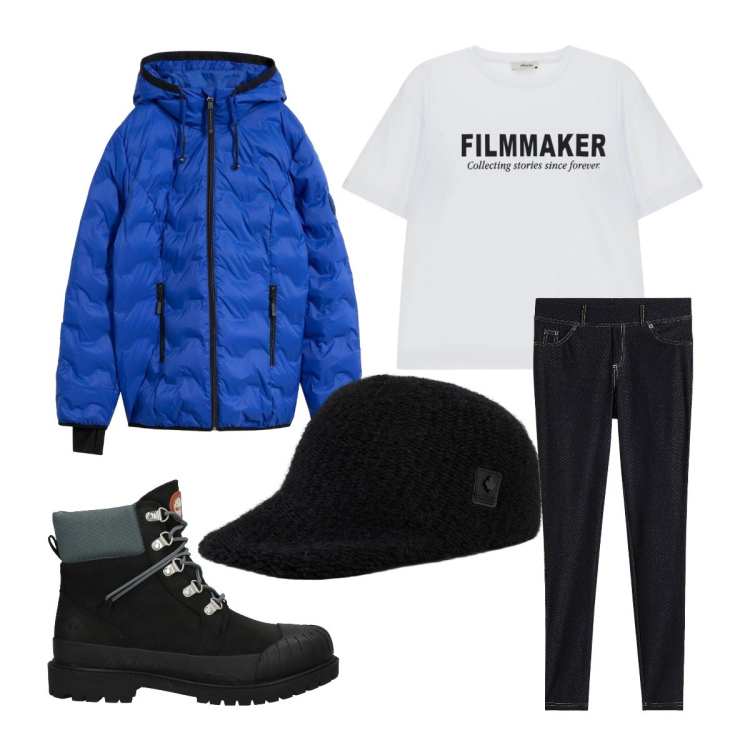 Outfit donna - Settembre in montagna. Stile Trendy per Tutti i giorni. Abbinamento con stivaletti, jeggings, piumini, t-shirt, cappelli con visiera.