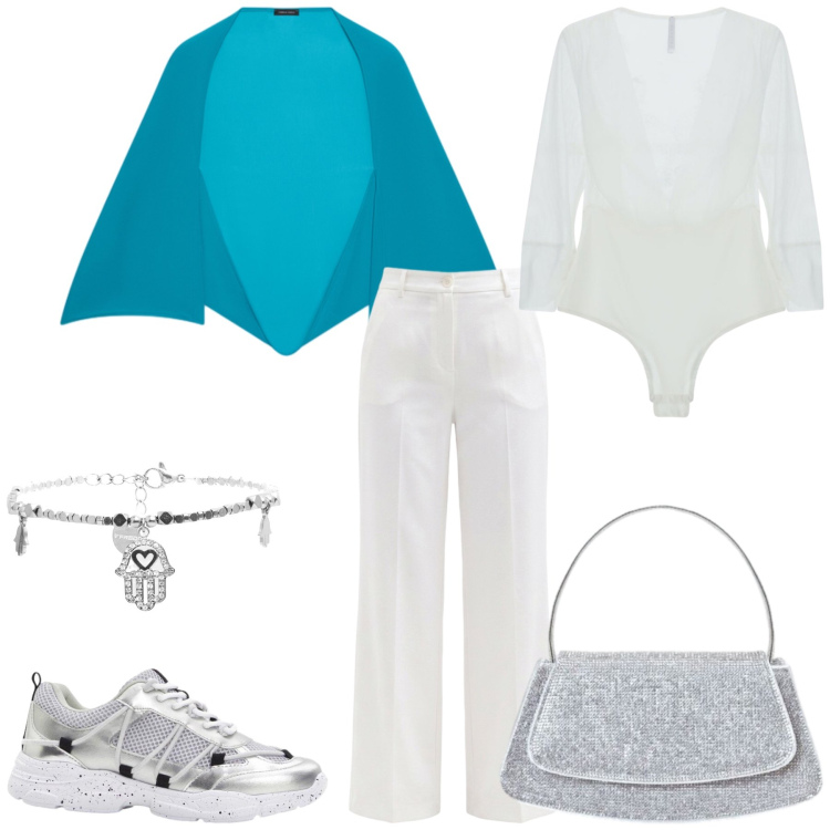 Outfit donna - Total look #2476536. Stile Glamour per Serata fuori. Abbinamento con sneakers, top, pantaloni, borse a spalla, braccialetti, bolero.