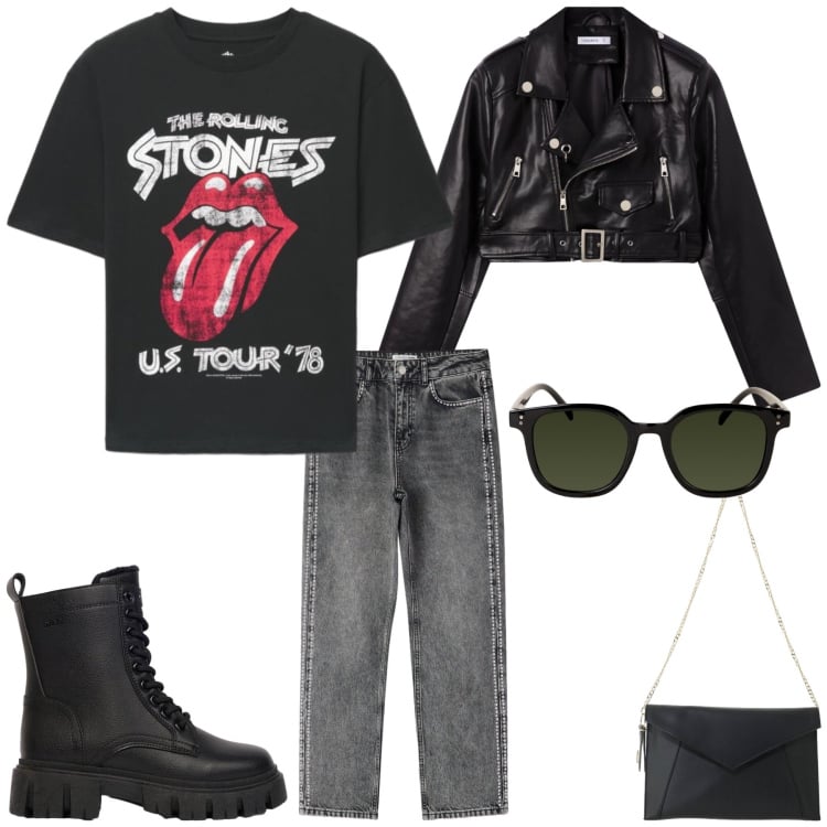 Outfit donna - Total look #2476537. Stile Rock per Tutti i giorni. Abbinamento con anfibi, giacche, jeans mom, t-shirt, occhiali da sole, borse a tracolla.