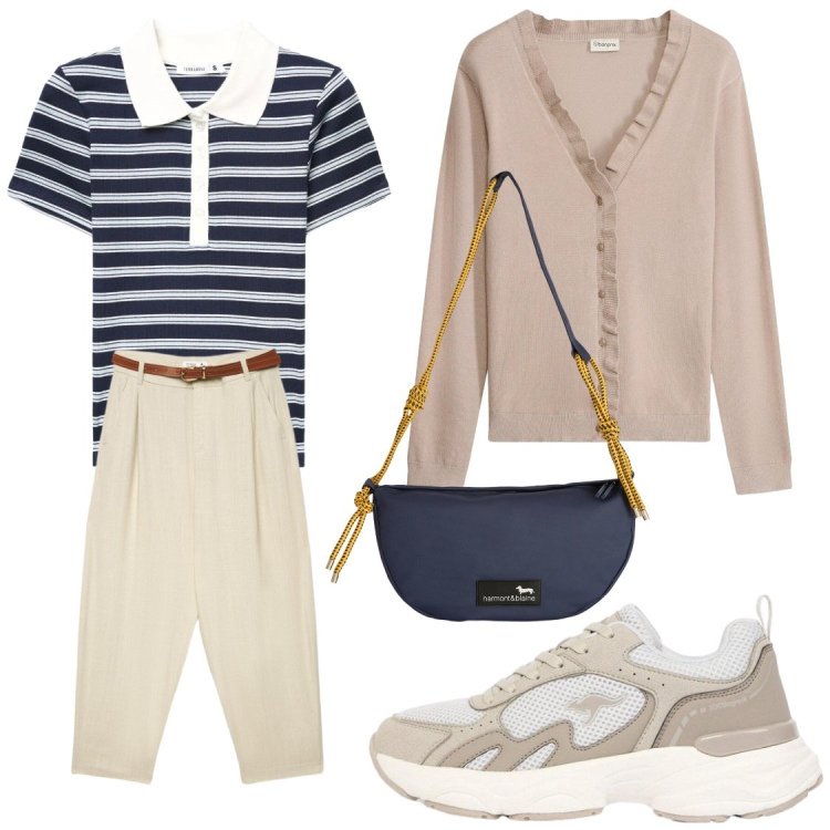 Outfit donna - Weekend fuori porta. Stile Casual per Tutti i giorni. Abbinamento con sneakers, cardigans, borse a tracolla, pantaloni chino, polo.
